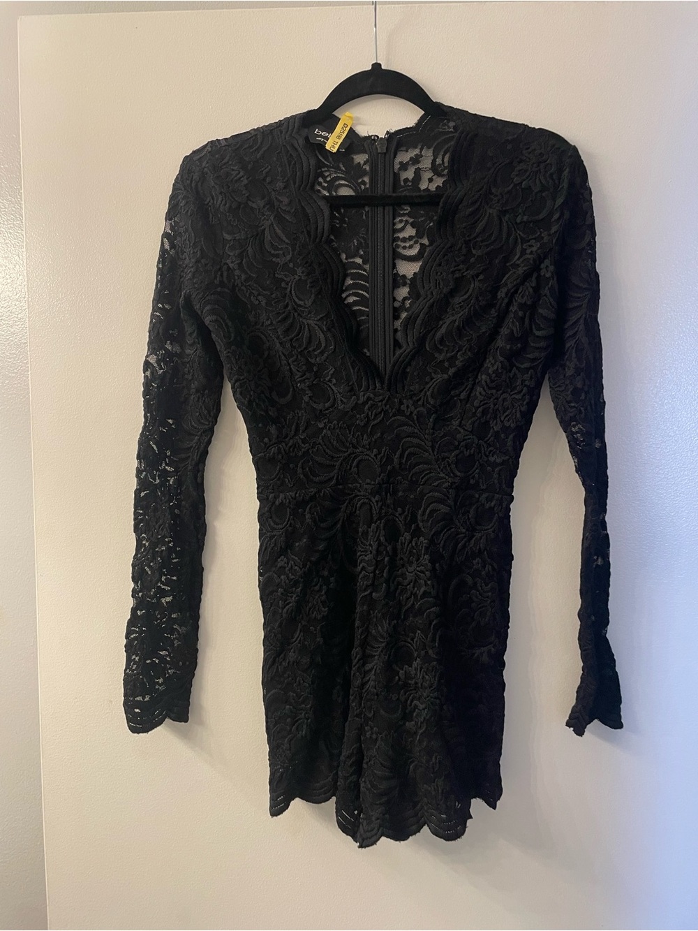 bebe Black Lace Long Sleeve V-Neck Romper